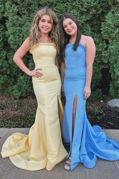 Yellow Mermaid Strapless Satin Long Prom Dresses with Slit,PD230596