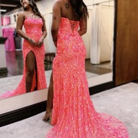 Strapless Mermaid Coral Sequin Lace Long Prom Dresses ,PD230598 - Thumbnail 1