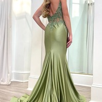 Sage Green Backless Spaghetti Strap Trumpet Long Gown ,PD230599 - Thumbnail 1
