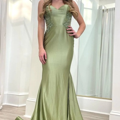 Sage green backless spaghetti strap trumpet long gown ,pd230599