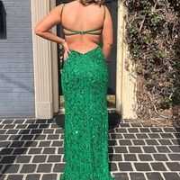 Mermaid Green Sequin Lace Long Prom Dresses with Slit ,PD230600 - Thumbnail 1
