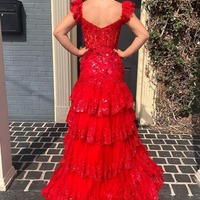 Red Mermaid Sweetheart Tiered Sequin Tulle Long Prom Dresses ,PD230601 - Thumbnail 1