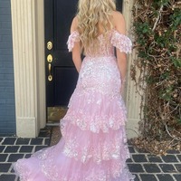 Pink Mermaid Off the Shoulder Tiered Sequin Tulle Long Prom Dresses,PD230602 - Thumbnail 1