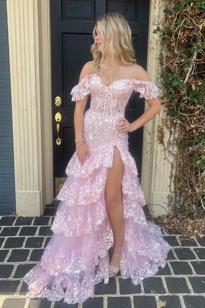 Pink Mermaid Off the Shoulder Tiered Sequin Tulle Long Prom Dresses,PD230602
