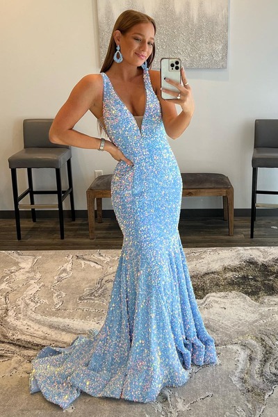 Sparkly V Neck Mermaid Sky Blue Sequins Long Prom Dresses,PD230603