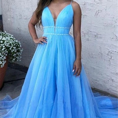 Sky blue a line spaghetti straps v neck tulle prom dresses, cheap evening dresses,pd230604