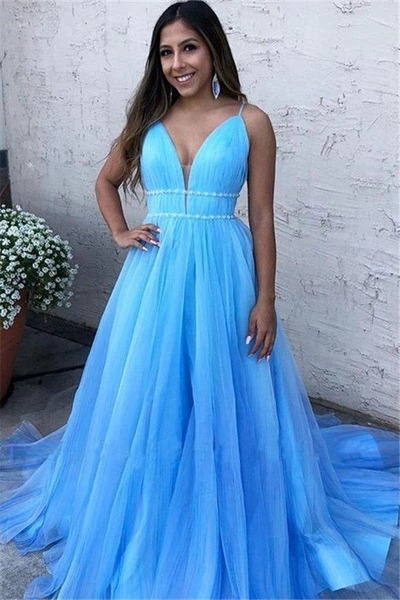 Sky Blue A Line Spaghetti Straps V Neck Tulle Prom Dresses, Cheap Evening Dresses,PD230604