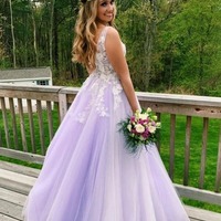 V Neck A Line Lilac Appliques Long Prom Dresses, Long Prom Formal Gowns,PD230605 - Thumbnail 1