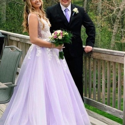 V neck a line lilac appliques long prom dresses, long prom formal gowns,pd230605
