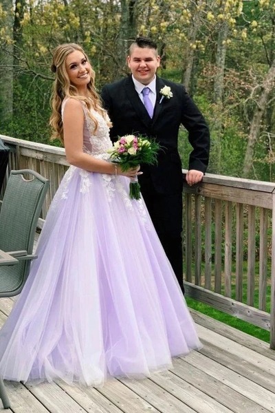 V Neck A Line Lilac Appliques Long Prom Dresses, Long Prom Formal Gowns,PD230605