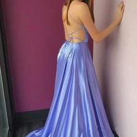 Spaghetti Straps A line Lilac Satin V Neck Split Prom Dresses with Pockets, Dance Dress,PD230606 - Thumbnail 1