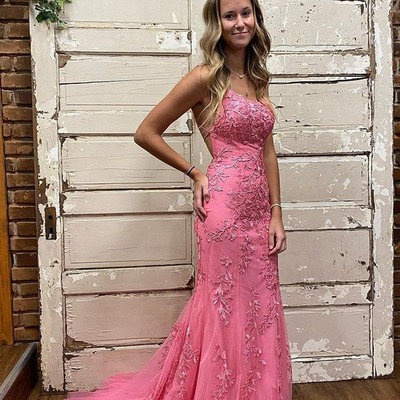 Cute scoop neck mermaid pink tulle long prom dresses with lace appliques,evening dress,pd230607