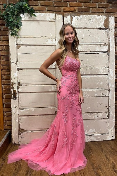 Cute Scoop Neck Mermaid Pink Tulle Long Prom Dresses with Lace Appliques,evening Dress,PD230607