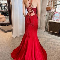 Charming V Neck Mermaid Red Satin Long Prom Dresses with Beading,evening Dress,PD230609 - Thumbnail 1