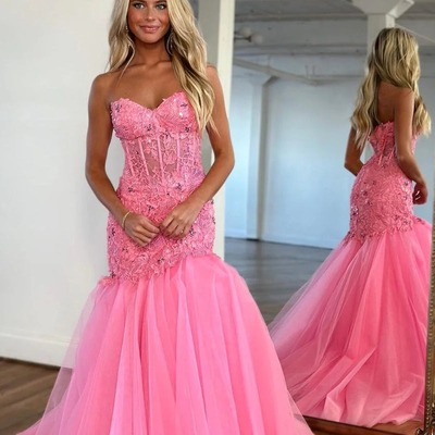 Charming sweetheart mermaid hot pink long prom dresses with lace,evening dress,pd230611