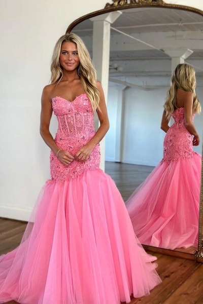 Charming Sweetheart Mermaid Hot Pink Long Prom Dresses with Lace,evening Dress,PD230611