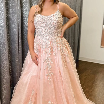 Scoop neck a-line blush pink tulle long prom dresses with appliques,evening dress,pd230613