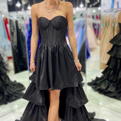 Black  high low ruffle sweetheart tiered homecoming dresses,evening dress,pd230615