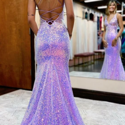 Sparkly plunging v-neck sequins prom dress
