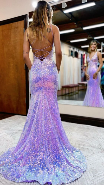 Sparkly Plunging V-Neck Sequins Prom Dress
