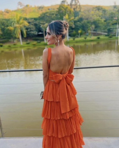 Modest A-line Orange Formal Long Prom Dresses