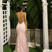 Spaghetti Straps Sleeveless Lace Backless Pink Prom Dresses - Thumbnail 4