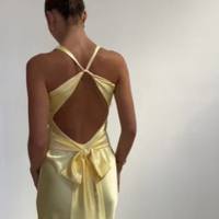 Simple Yellow V Neck Prom Evening Dresses - Thumbnail 1