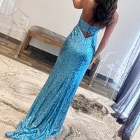 Royal Blue Mermaid Sequin Keyhole Straps Long Prom Dress with Slit,evening Dress,PD230618 - Thumbnail 1