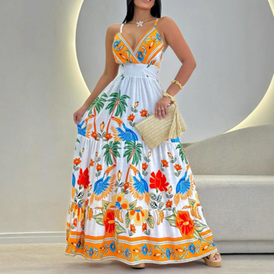 Women's v-neck white print sling sleeveless dress