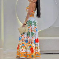 Women'S V-Neck White Print Sling Sleeveless Dress - Thumbnail 1