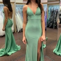 Mermaid V Neck Green Elastic Satin Long Prom Dresses,BD251012 - Thumbnail 2