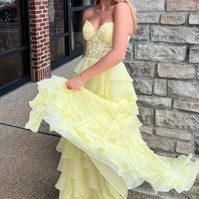 A line sweetheart daffodial chiffon tiered prom dresses,bd251013