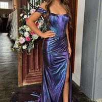 Mermaid Off the Shoulder Metallic Satin Slit Prom Dresses,BD251021 - Thumbnail 1