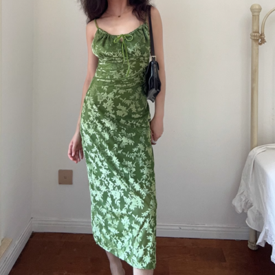 Vintage green flocking print sling dress