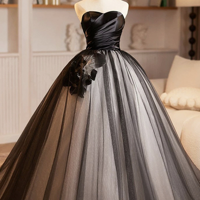 Black satin tulle long prom dress, a-line evening party dress - Thumbnail 1