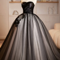 Black Satin Tulle Long Prom Dress, A-Line Evening Party Dress - Thumbnail 1