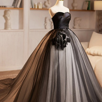 Black Satin Tulle Long Prom Dress, A-Line Evening Party Dress - Thumbnail 2
