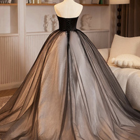 Black Satin Tulle Long Prom Dress, A-Line Evening Party Dress - Thumbnail 3