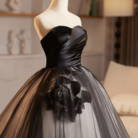 Black Satin Tulle Long Prom Dress, A-Line Evening Party Dress - Thumbnail 4