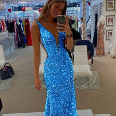 Mermaid v neck blue sequin prom dress - Thumbnail 4