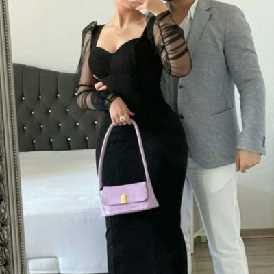 Simple black party prom dress with long sleeves - Thumbnail 1