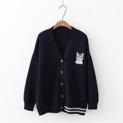 Cute cat embroidered v-neck cardigan