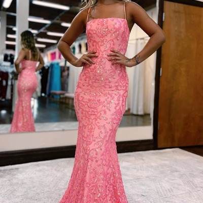Blush mermaid spaghetti straps sequins prom dress,pd230619
