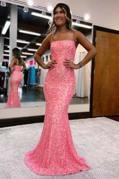 Blush Mermaid Spaghetti Straps Sequins Prom Dress,PD230619