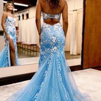 Mermaid Blue Open Back Lace Prom Dress with Slit,PD230620 - Thumbnail 1