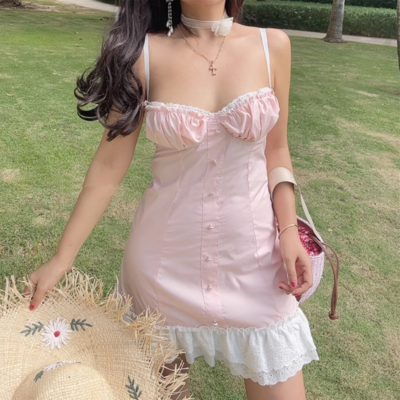 Lace hem stitching suspender dress for women with cross-back lace-up slim fit plaid steel support short skirt