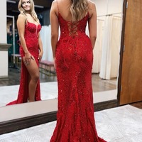 Red Spaghetti Straps Appliques Prom Dress with Slit,PD230621 - Thumbnail 1