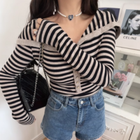 Off-shoulder button-down striped long-sleeved outerwear T-shirt - Thumbnail 1
