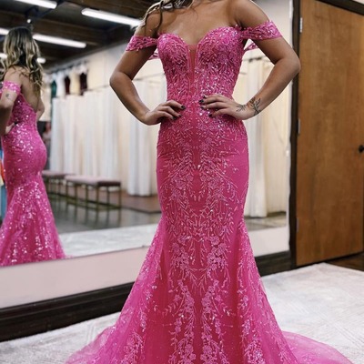 Hot pink mermaid off the shoulder sequin lace long prom dress,pd230622