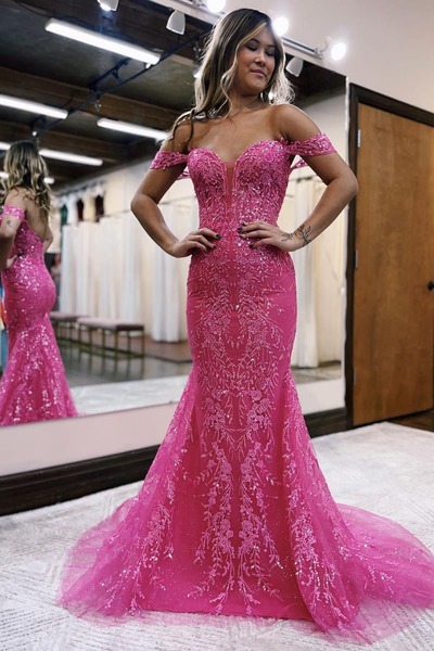 Hot Pink Mermaid Off the Shoulder Sequin Lace Long Prom Dress,PD230622